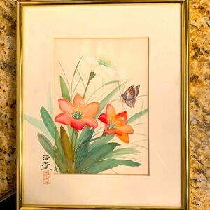 Vintage Framed Japanese Painted Water Color on Silk with Artist Signature